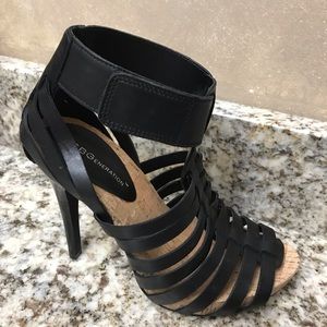 BCBG 4” Black Leather Sexy Strappy High Heels